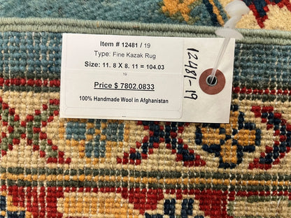 Kazak Light Blue 9X12 Handmade Wool Rug # 12481