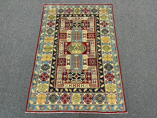 Kazak Geometric 4X6 Handmade Wool Rug # 12529