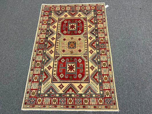 Beige/Multicolor 4X6 Kazak Handmade Wool Rug # 10397