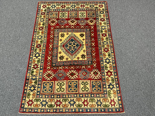 Kazak Geometric Multicolor 4X6 Handmade Wool Rug # 9908