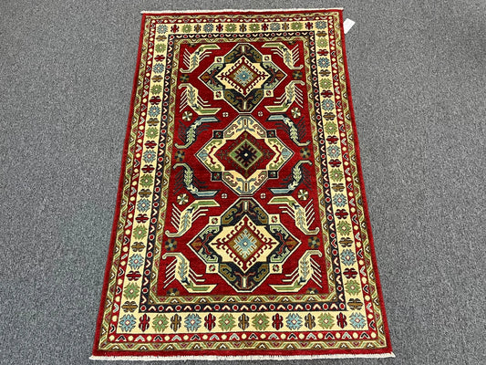 Kazak Dark Red Geometric 4X6 Handmade Wool Rug # 12994
