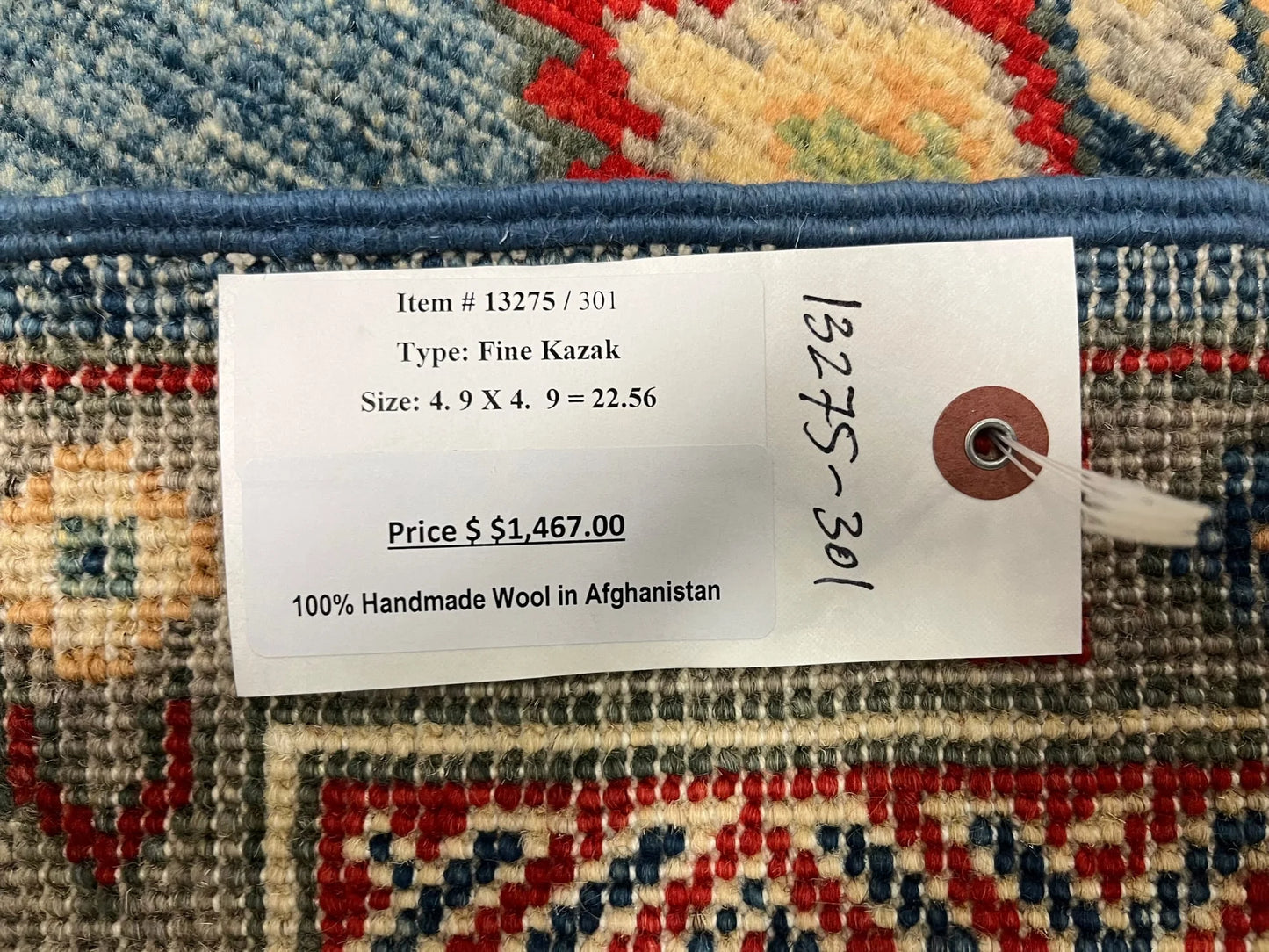 Kazak Light Blue Square 5X5 Handmade Wool Rug # 13275