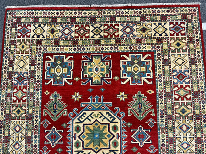 Kazak Geometric Red 5X6 Handmade Wool Rug # 13042