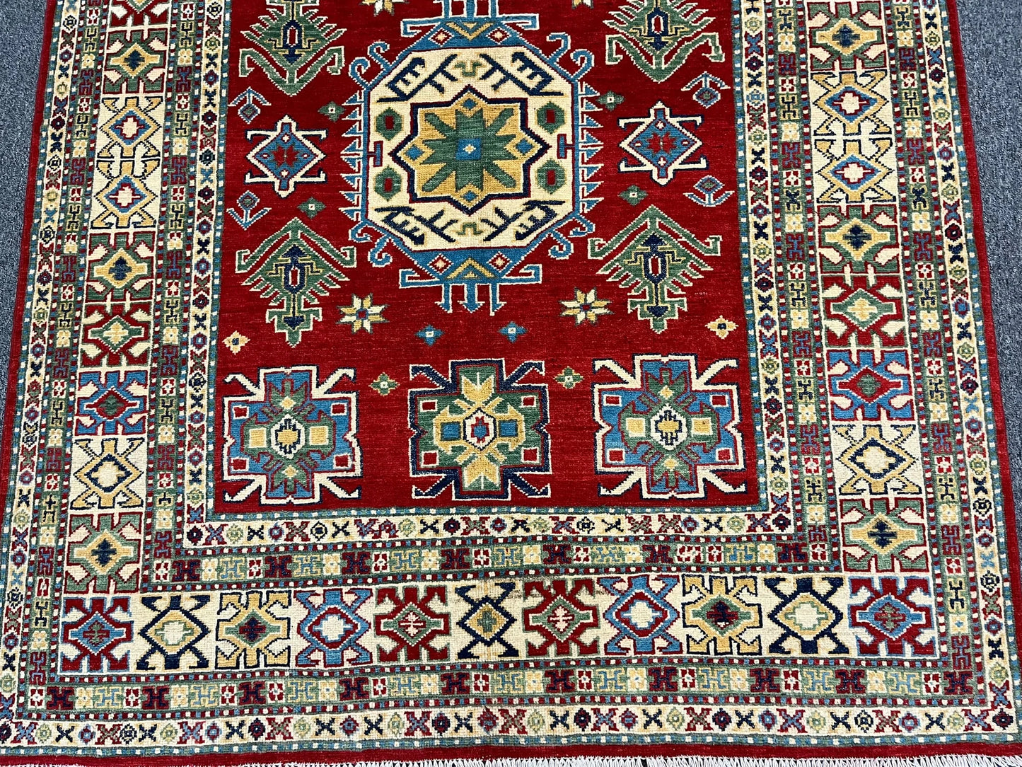 Kazak Geometric Red 5X6 Handmade Wool Rug # 13042
