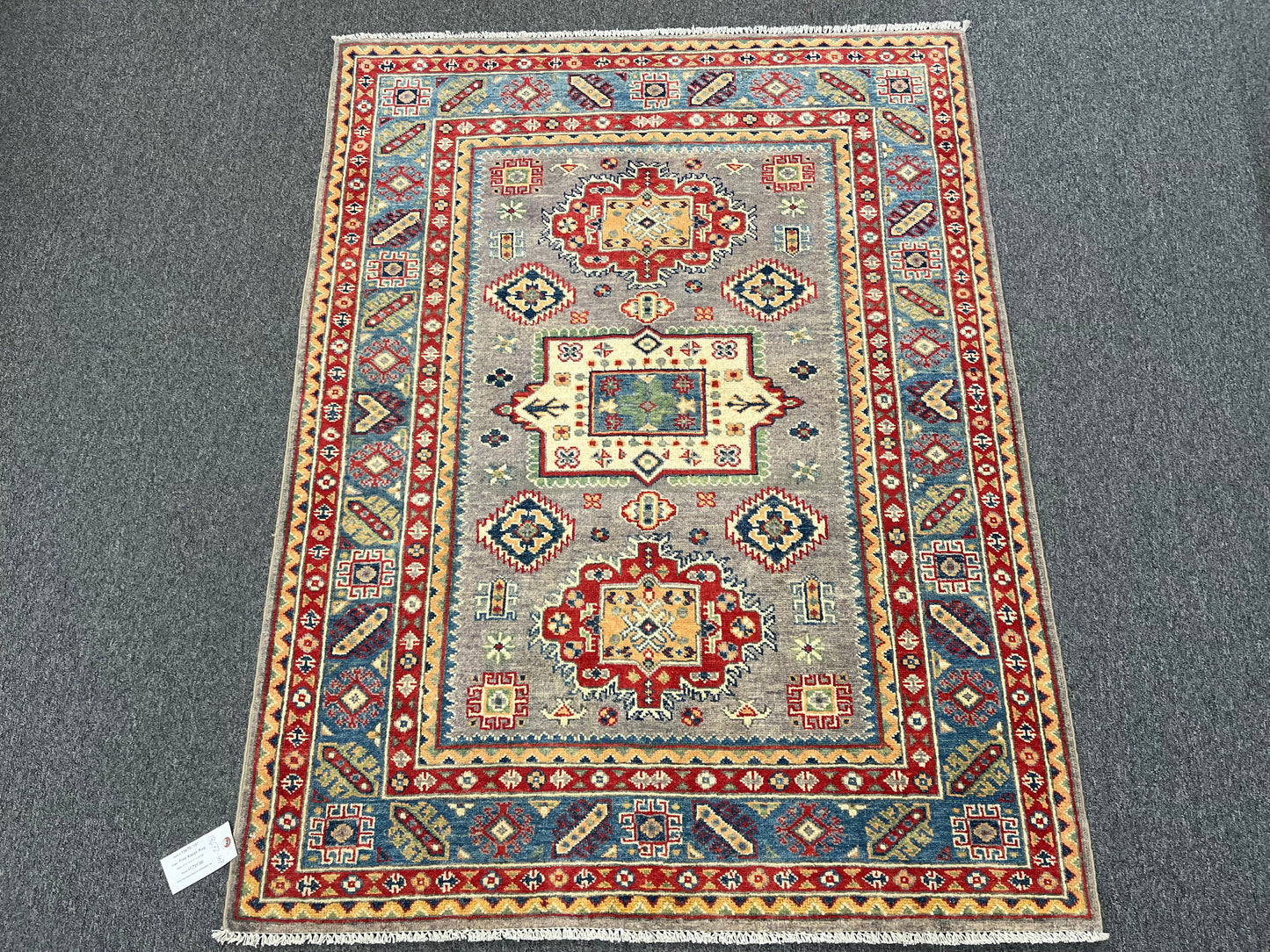 4X6 Kazak Gray/Light Blue Handmade Wool Rug # 13672