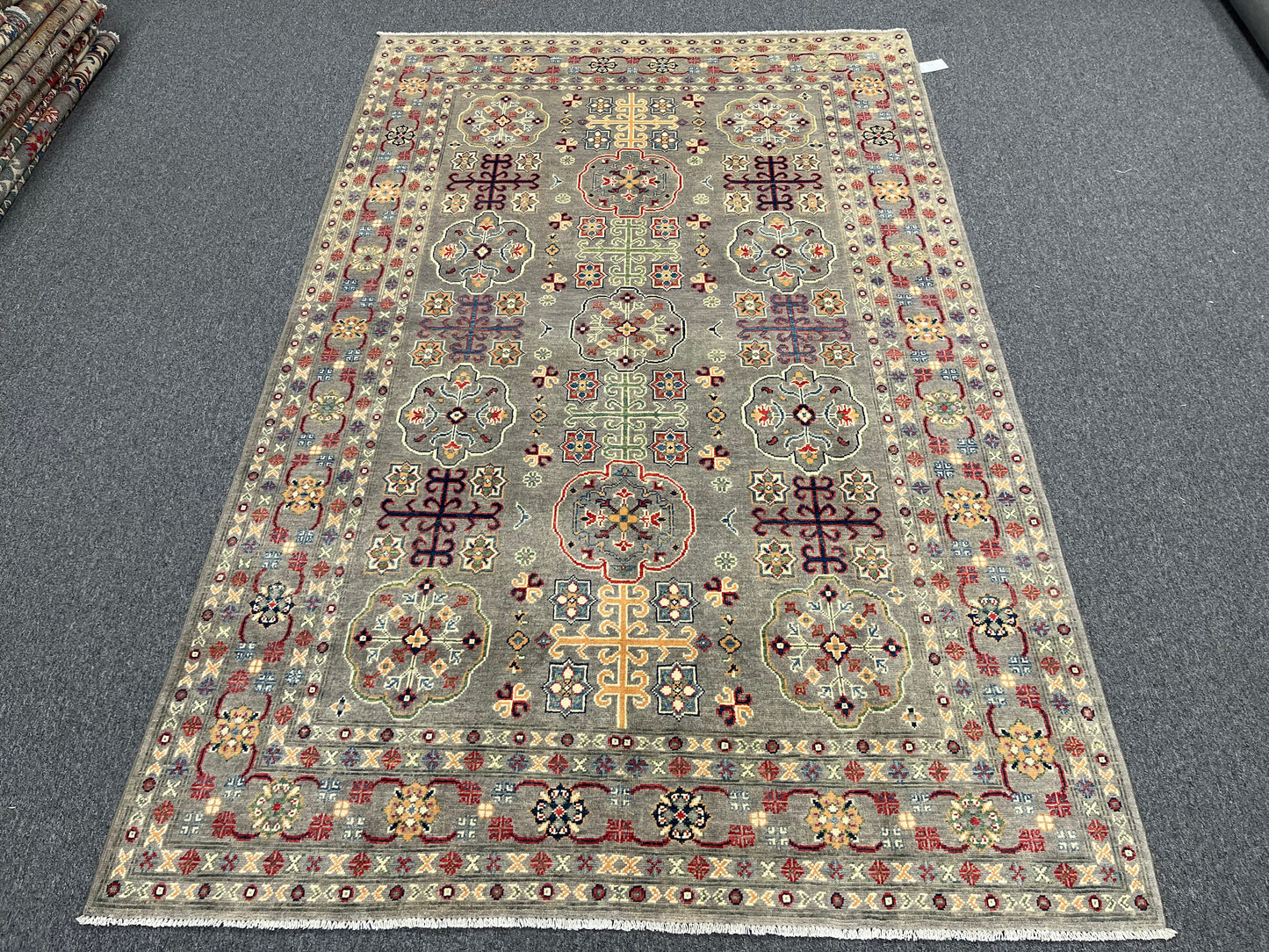 Gray Geometric Kazak 6x9 Handmade Wool Rug # 13898
