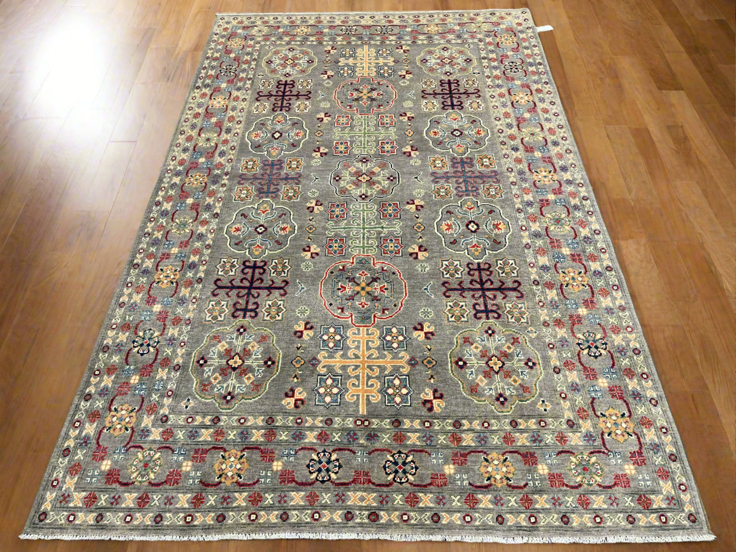 Gray Geometric Kazak 6x9 Handmade Wool Rug # 13898