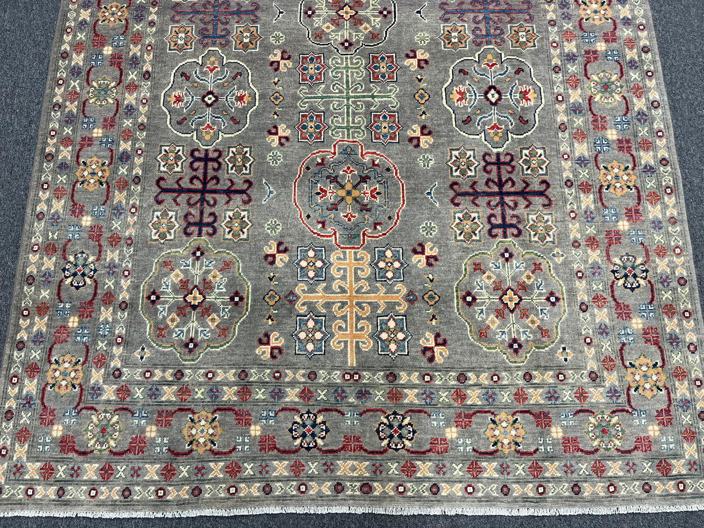 Gray Geometric Kazak 6x9 Handmade Wool Rug # 13898