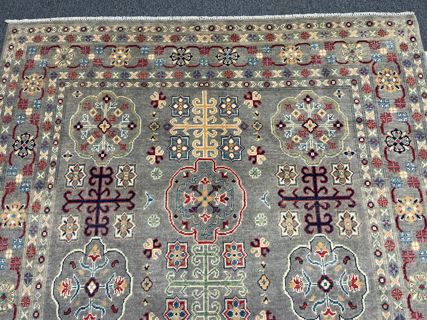 Gray Geometric Kazak 6x9 Handmade Wool Rug # 13898