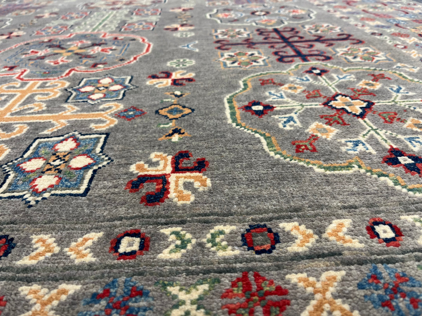 Gray Geometric Kazak 6x9 Handmade Wool Rug # 13898