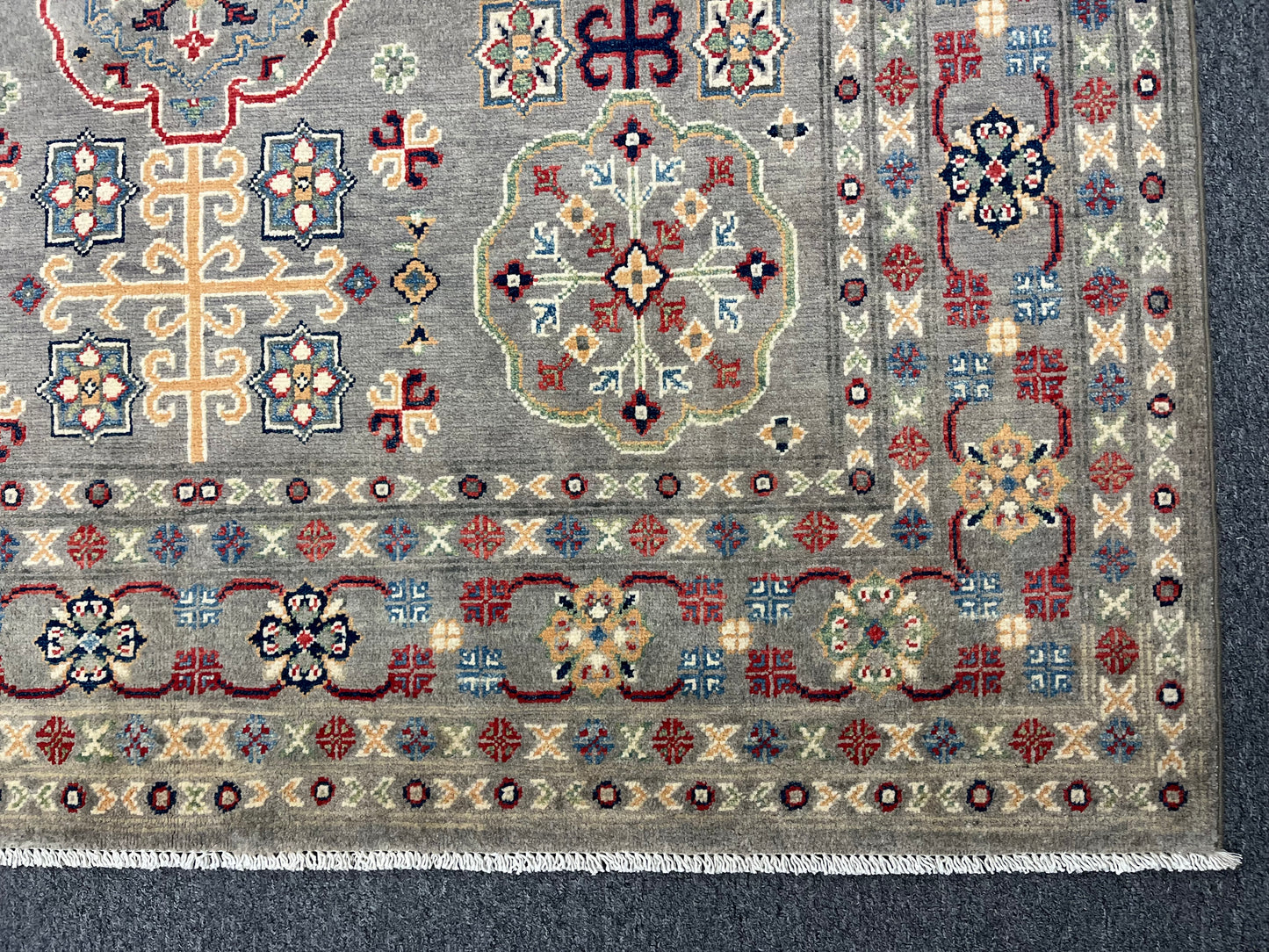 Gray Geometric Kazak 6x9 Handmade Wool Rug # 13898