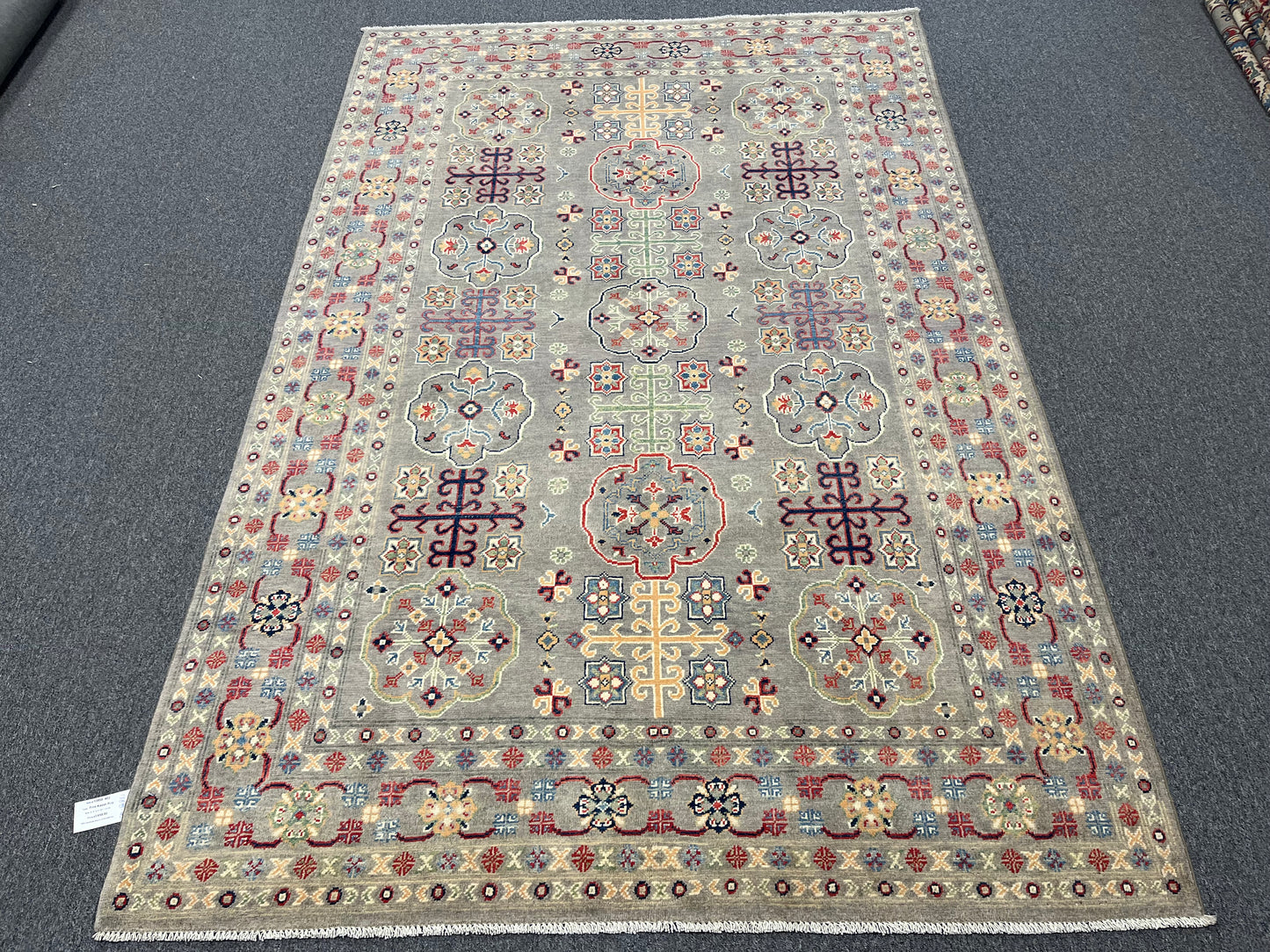 Gray Geometric Kazak 6x9 Handmade Wool Rug # 13898