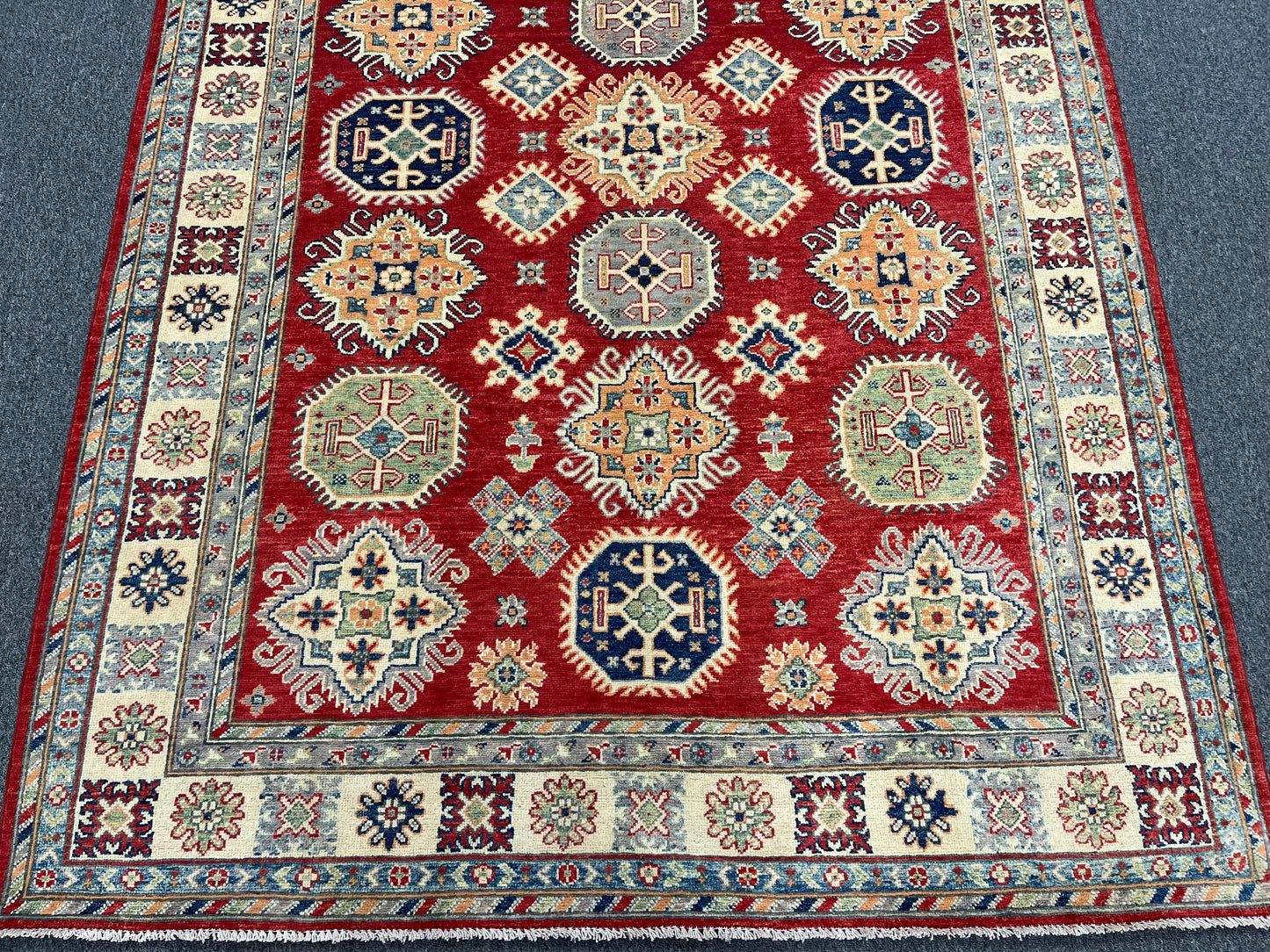 Kazak Red/Ivory 6X9 Handmade Wool Rug # 13905