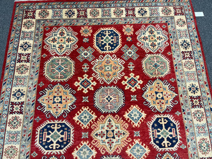 Kazak Red/Ivory 6X9 Handmade Wool Rug # 13905