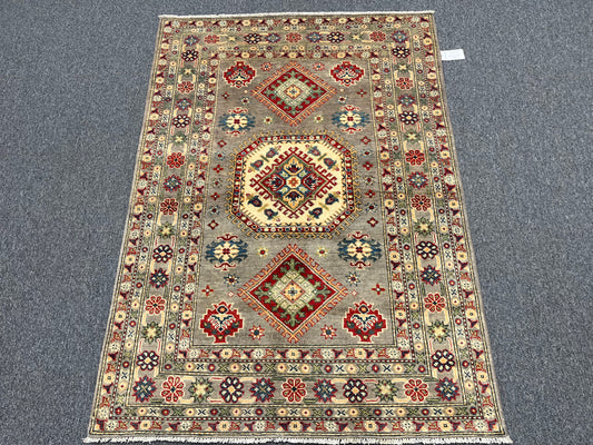 Kazak Gray Geometric 4X6 Handmade Wool Rug # 13599