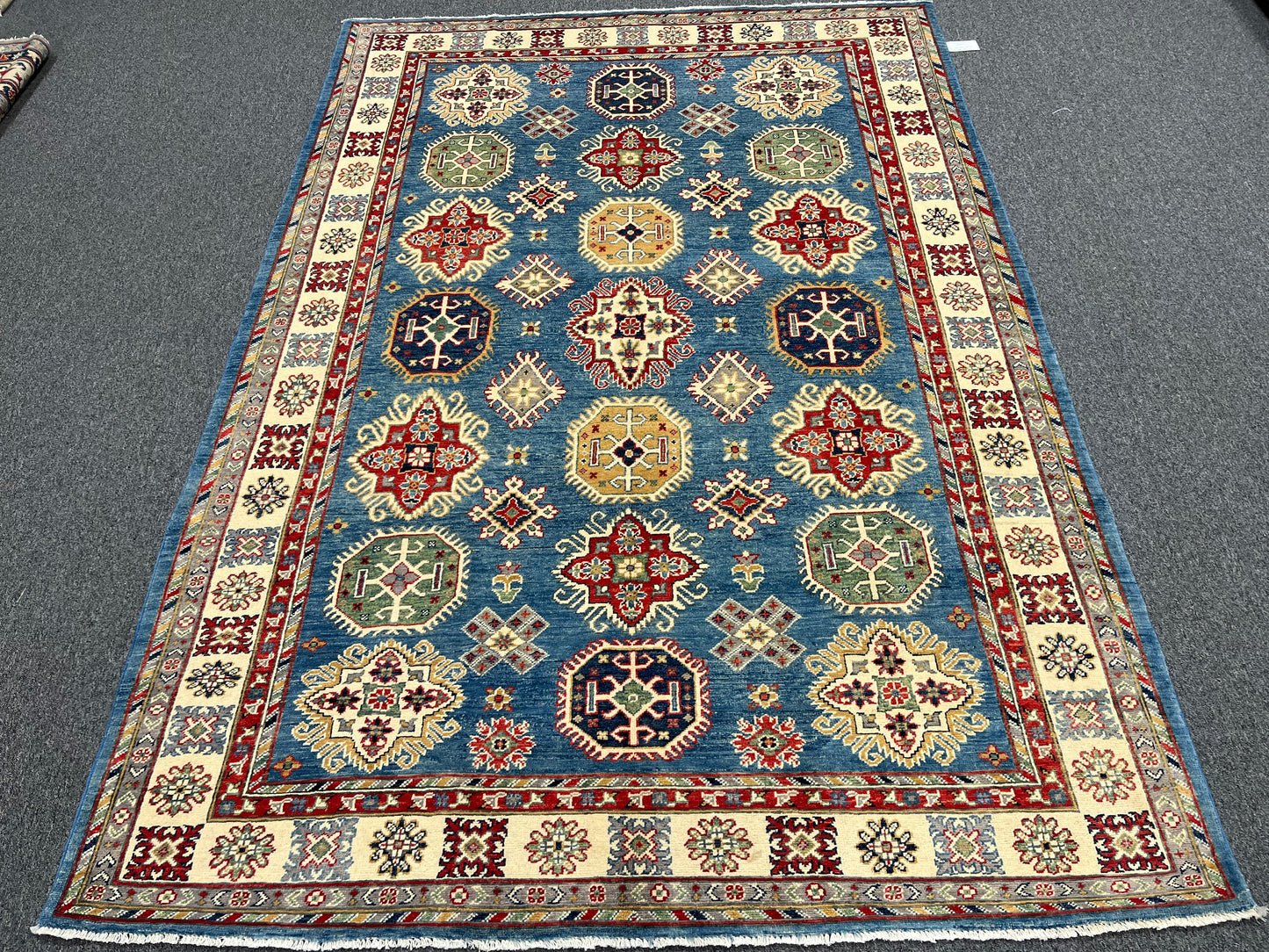 Kazak Light Blue Geometric 6X9 Handmade Wool Rug # 13907