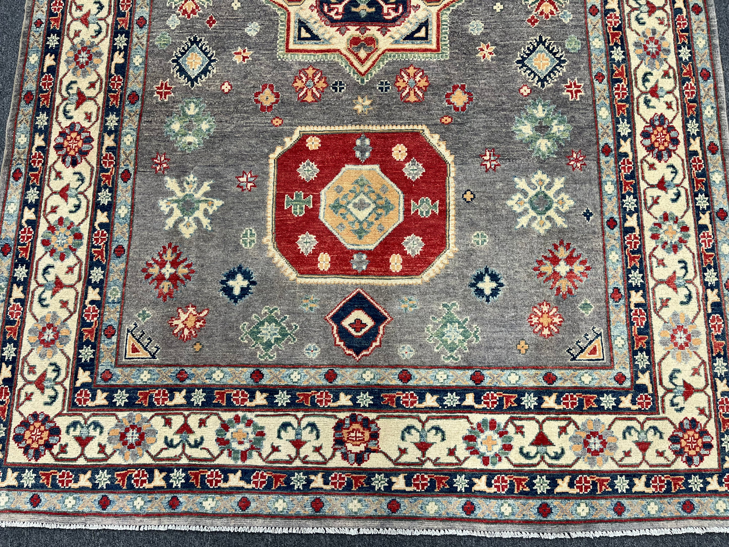 Kazak Gray Geometric 6X9 Handmade Wool Rug # 13908