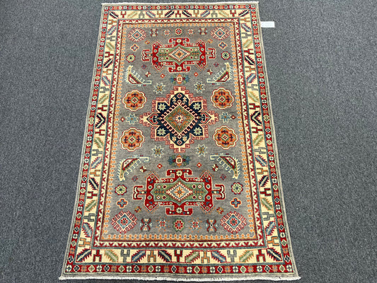 4X6 Kazak Gray Geometric Handmade Wool Rug # 13941
