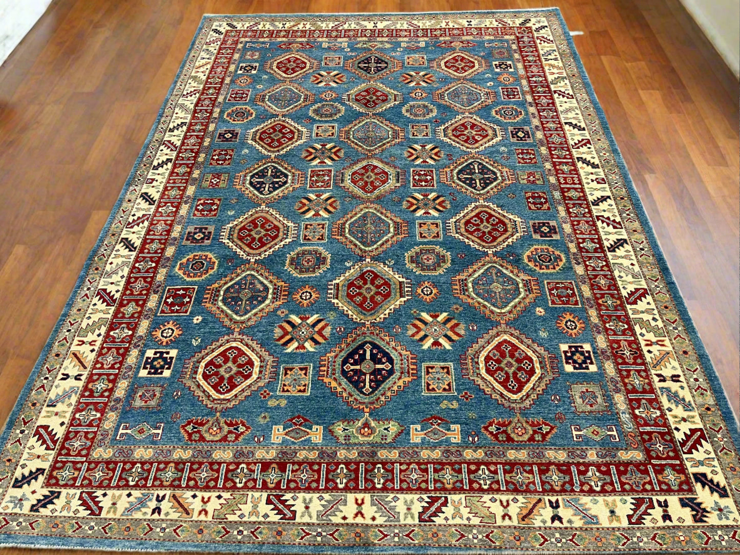 Kazak Light Blue 8X12 Handmade Wool Rug # 13891