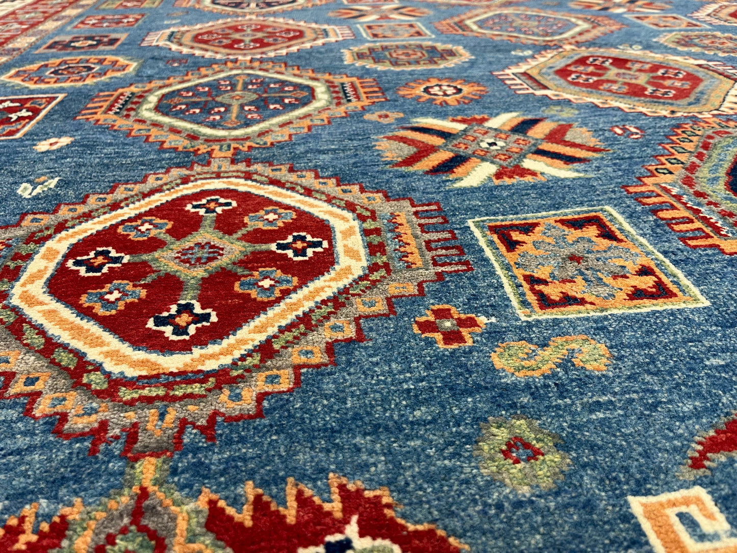 Kazak Light Blue 8X12 Handmade Wool Rug # 13891