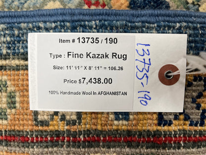 Kazak Light Blue 9X12 Handmade Wool Rug # 13735