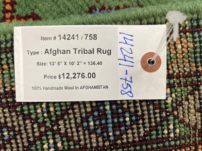 10X14 Afghan Bokhara Green Handmade Wool Rug # 14241