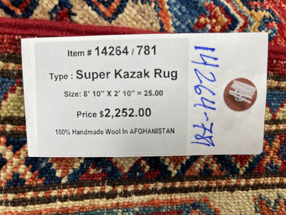 Super Kazak Runner Red 2' 10"X9' Handmade Wool Rug # 14264