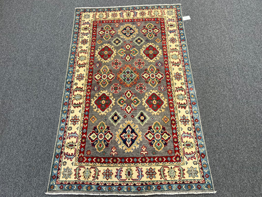Gray Geometric Wool Kazak Oriental Rug 4x6 # 13946