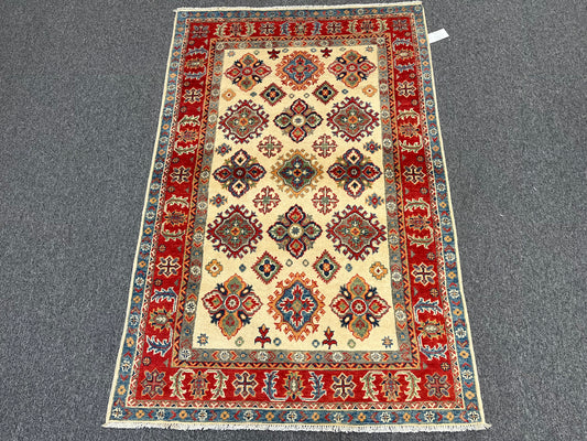 4X6 Kazak Beige/Red Wool Handmade Rug # 13948