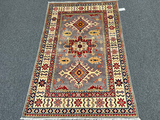 Kazak Geometric Gray 4X6 Wool Handmade Rug # 13766