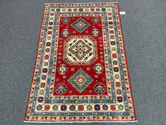 Kazak Red Geometric 4X6 Wool Handmade Rug # 13770