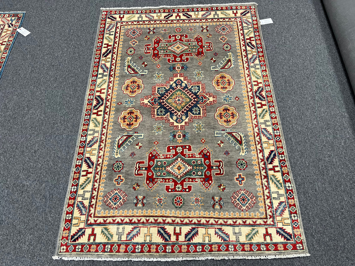 Gray Kazak Geometric 4X6 Handmade Wool Rug # 13763