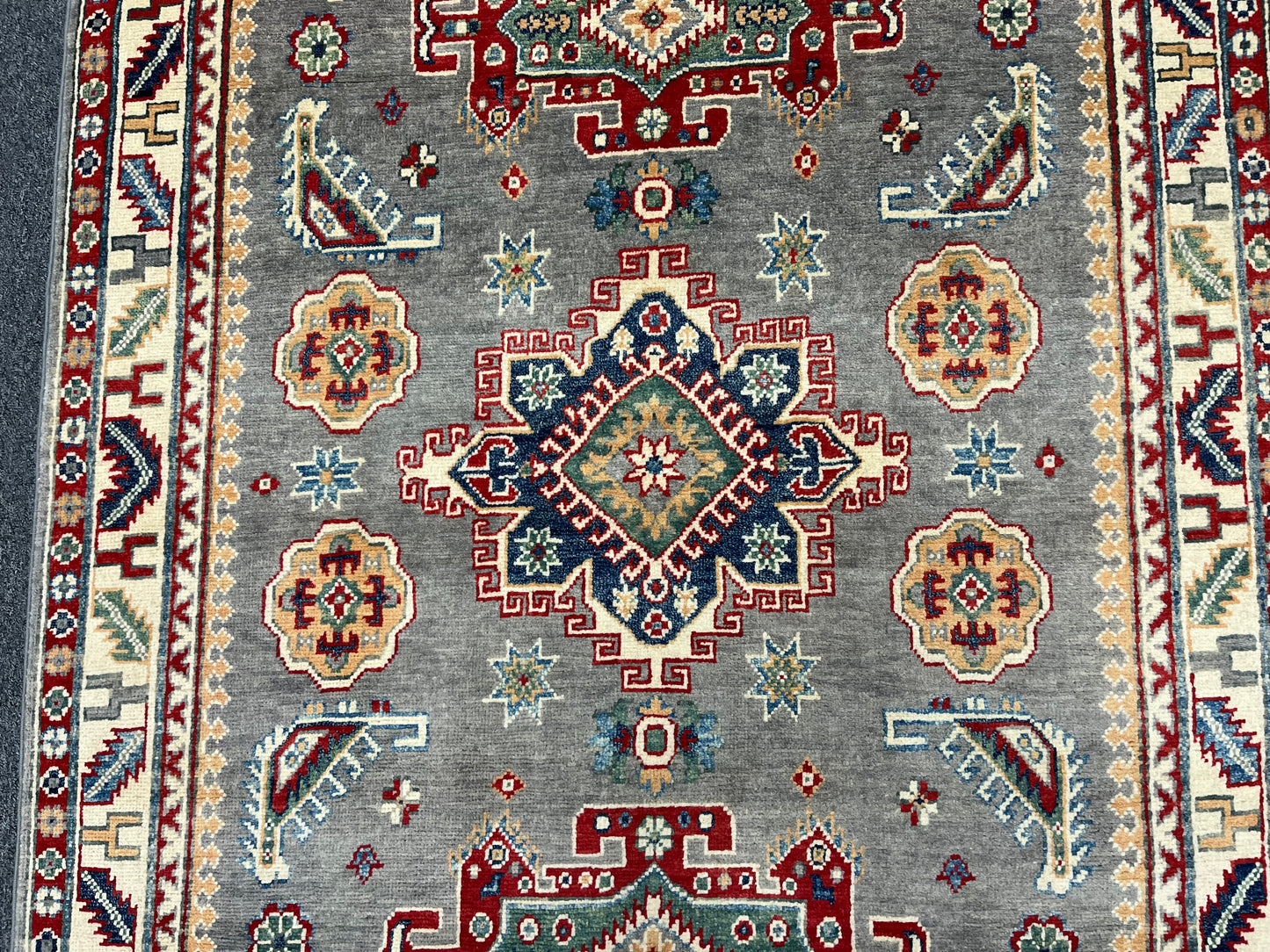 Gray Kazak Geometric 4X6 Handmade Wool Rug # 13763