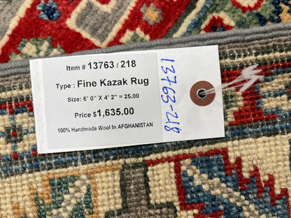 Gray Kazak Geometric 4X6 Handmade Wool Rug # 13763