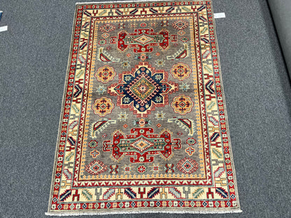 Gray Kazak Geometric 4X6 Handmade Wool Rug # 13850