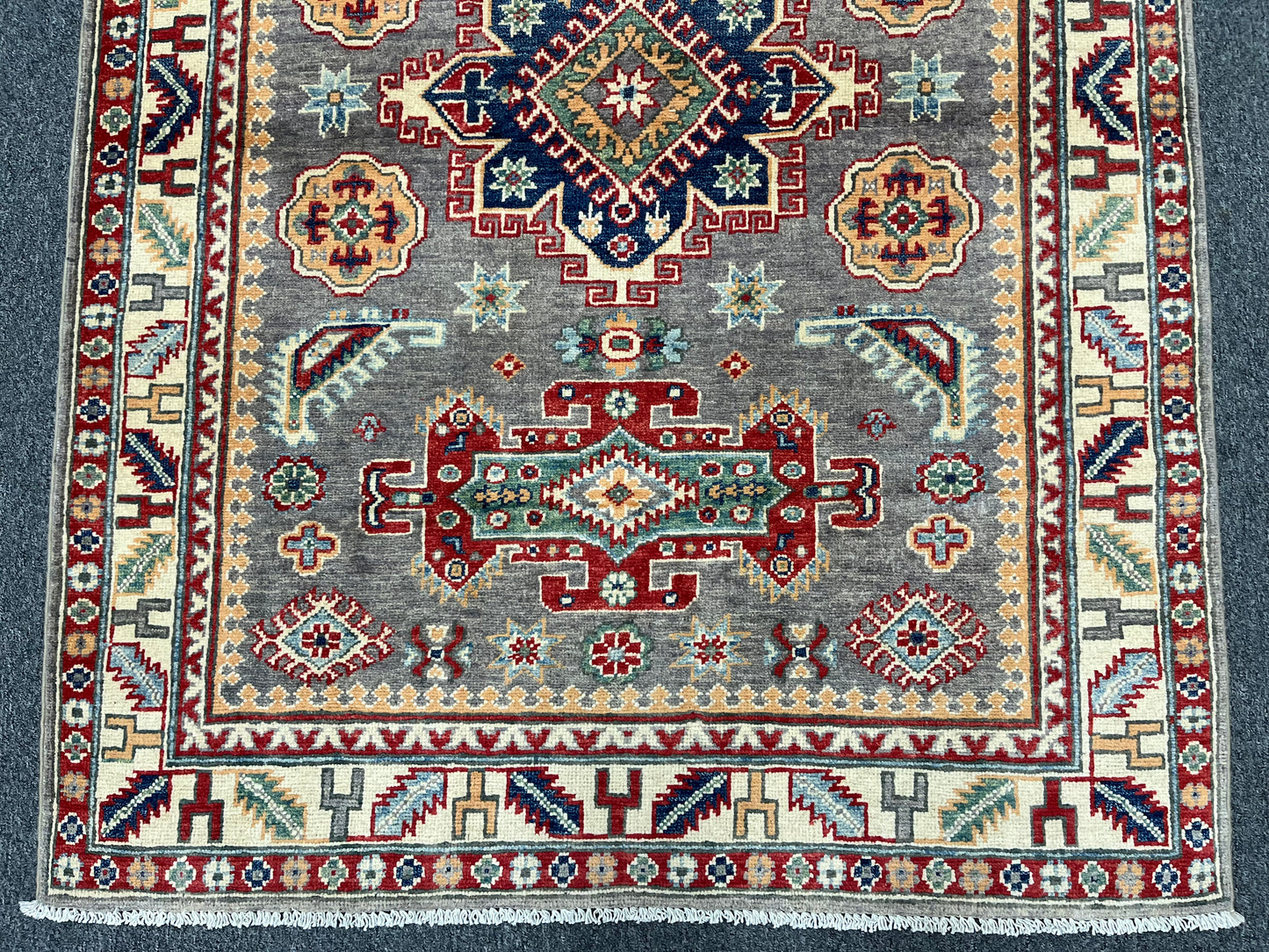 Gray Kazak Geometric 4X6 Handmade Wool Rug # 13850