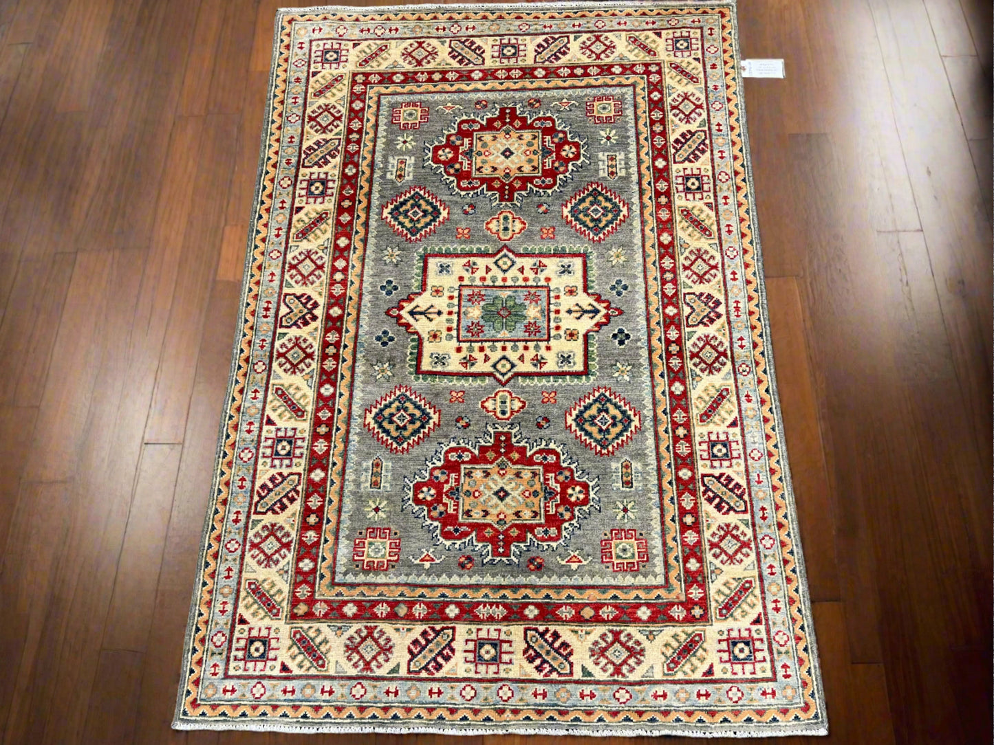 Gray Geometric Kazak 4X6 Oriental Rug # 13746