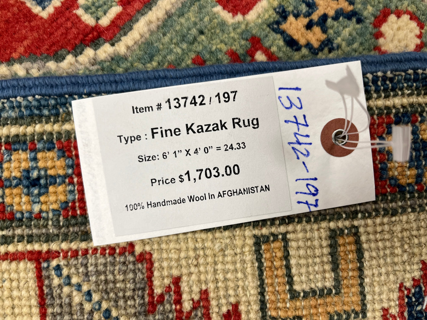 Handmade Light Blue Kazak 4X6 Oriental Wool Rug # 13742