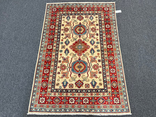 Handmade Beige/Red Kazak 4X6 Oriental Wool Rug # 13928