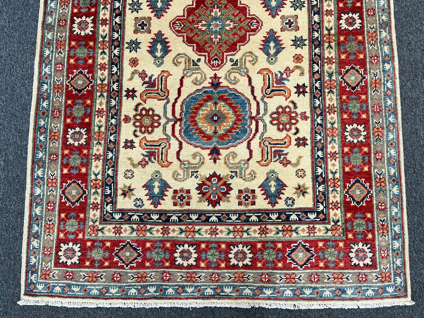 Handmade Beige/Red Kazak 4X6 Oriental Wool Rug # 13928