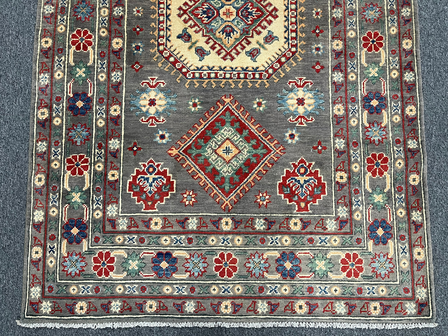 Kazak Brown Geometric 4X6 Handmade Wool Rug # 13585