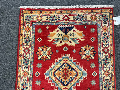 2X3 Red Geometric Kazak Handmade Wool Rug # 13882
