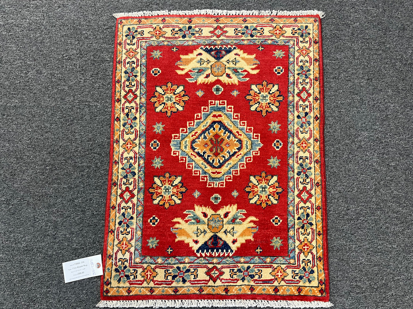 2X3 Red Geometric Kazak Handmade Wool Rug # 13882