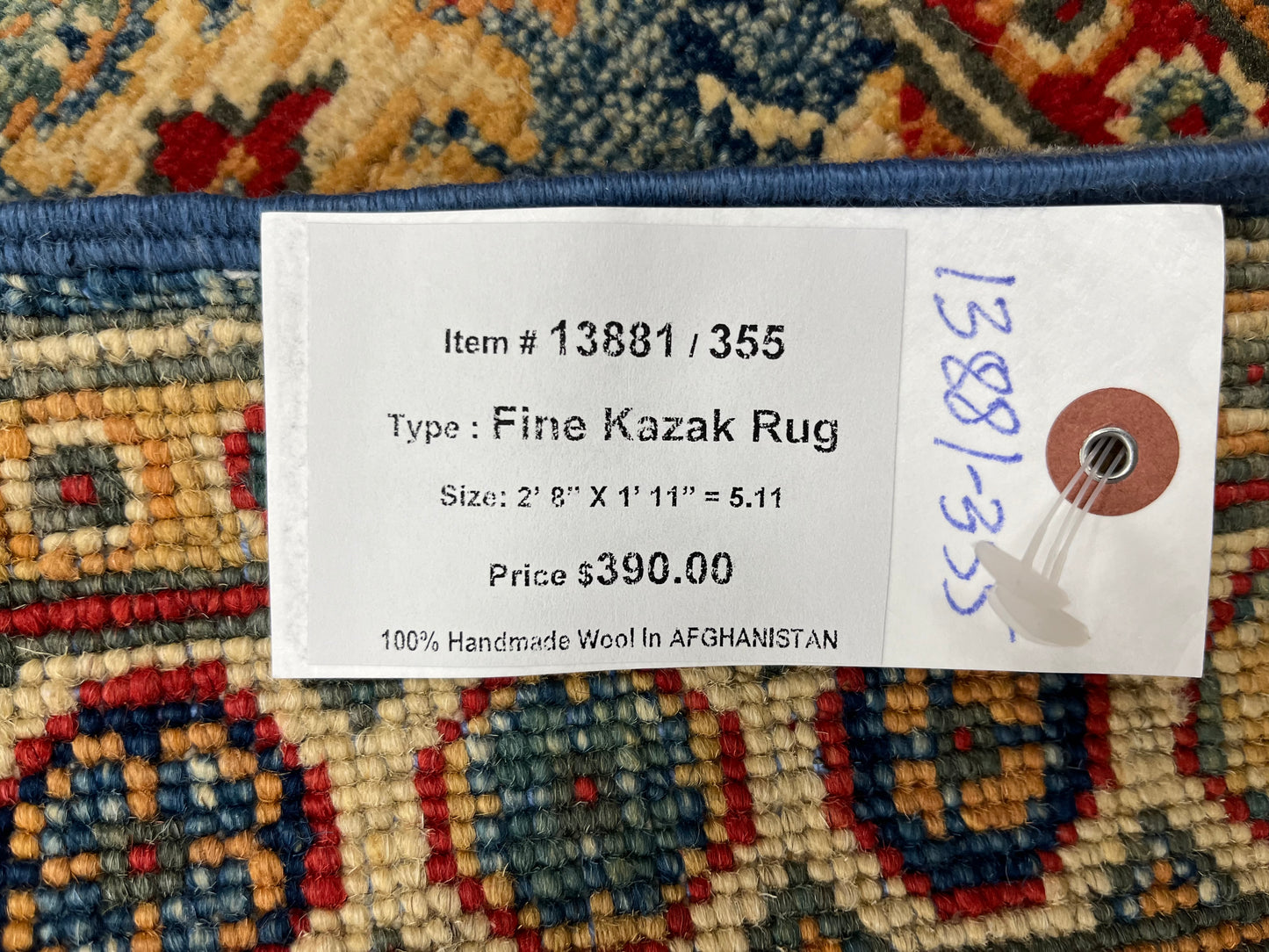 2X3 Blue Geometric Kazak Handmade Wool Rug # 13881