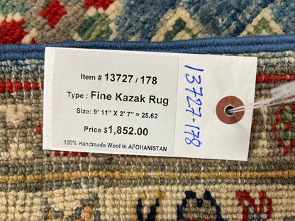 Runner Light Blue Kazak 2'7"X10' Handmade Wool Rug # 13727
