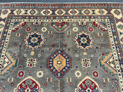 Gray Kazak Geometric 8X10 Handmade Wool Rug # 13662