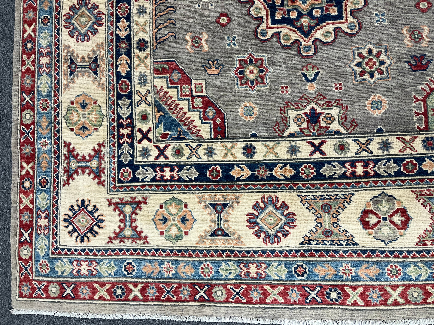 Gray Kazak Geometric 8X10 Handmade Wool Rug # 13720