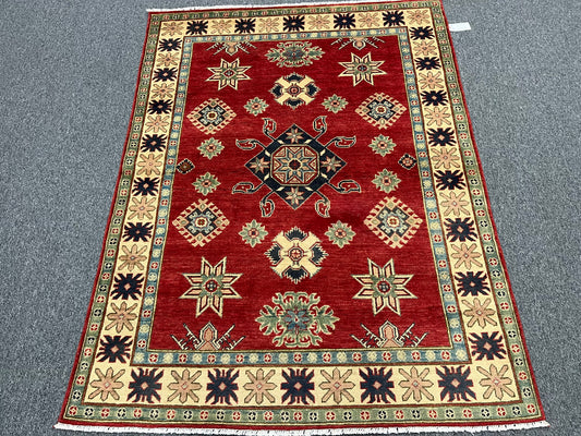 Kazak Geometric Red 5X7 Handmade Wool Rug # 13814