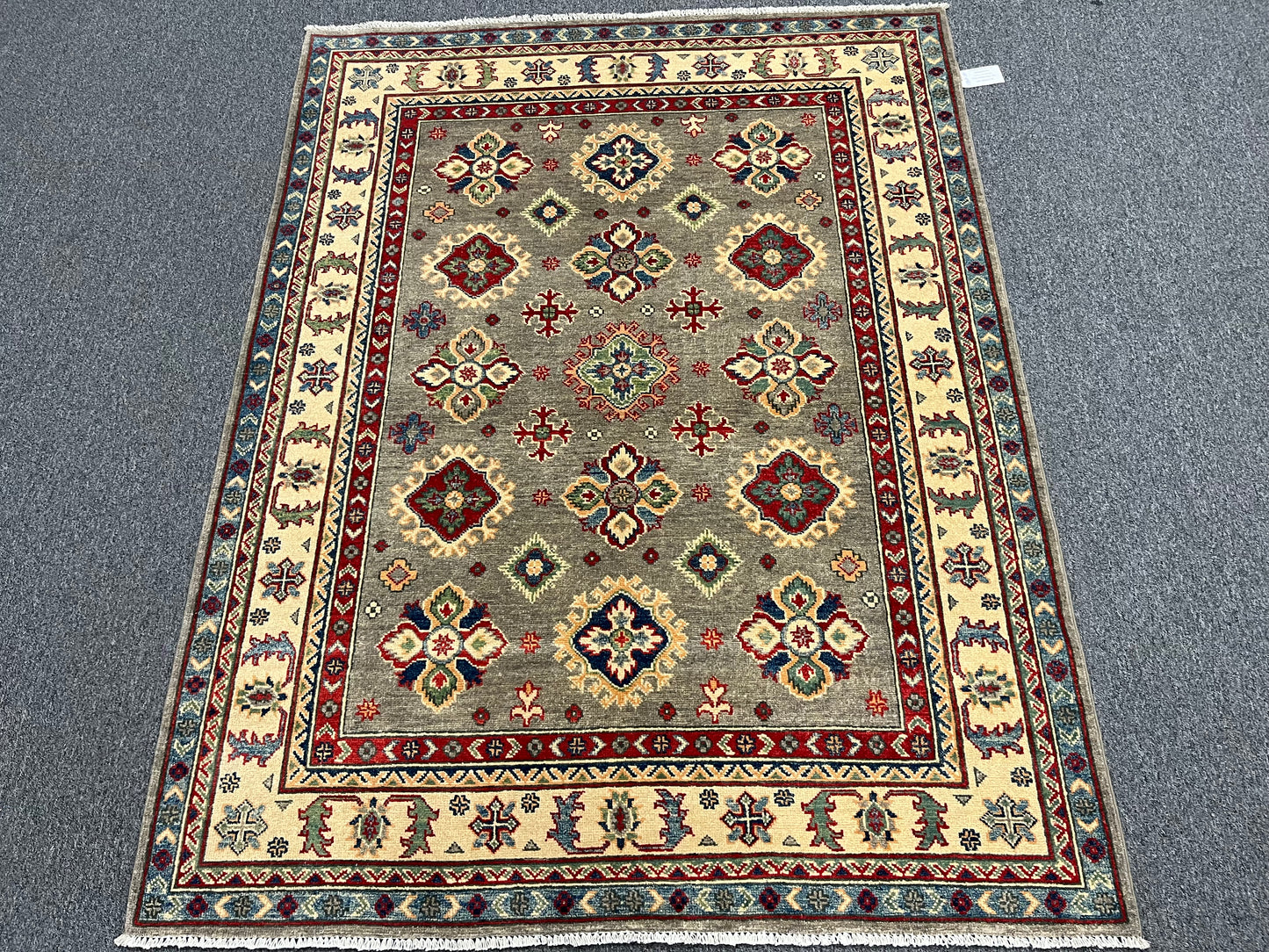 Gray Geometric Kazak 5X7 Handmade Wool Rug # 13809