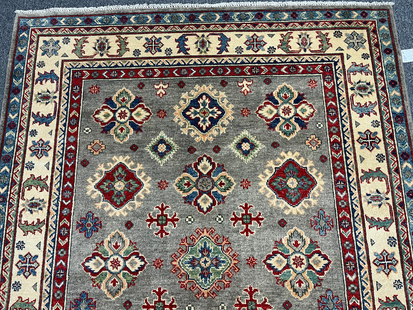 Gray Geometric Kazak 5X7 Handmade Wool Rug # 13809